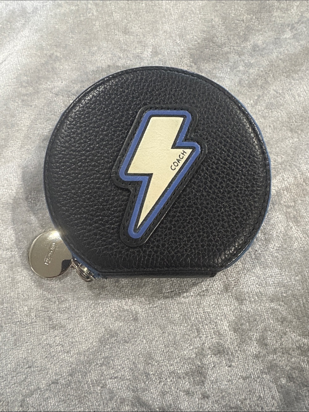 RARE Coach Marvel Black & Blue Round Coin Case with Lightning Bolt Patch